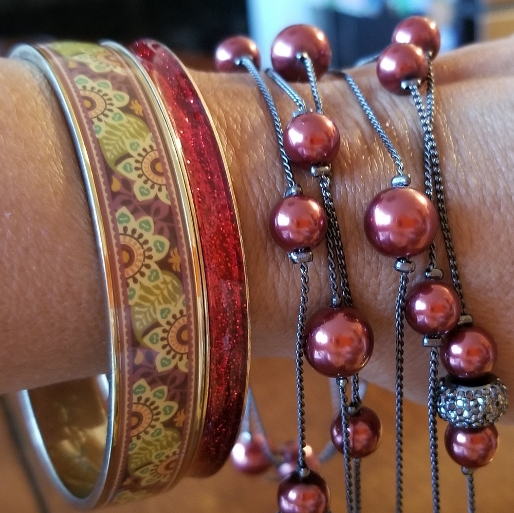 Set: Vera  Bangle Bracelet, Red Enamel Bangle & Beaded Necklace Festival Ready